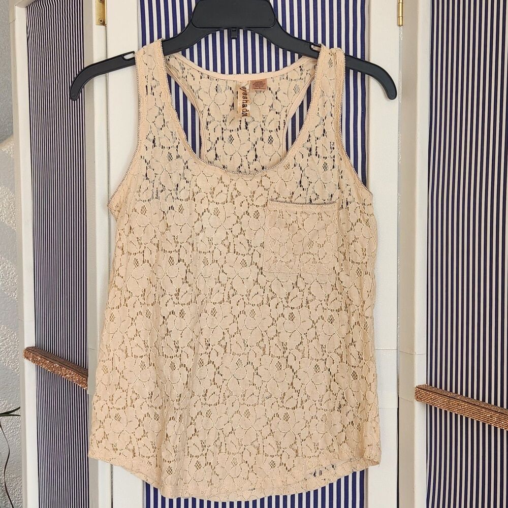 Eyeshadow Cream/Tan Beaded Racerback Sleeveless Tan Lace Top Size S